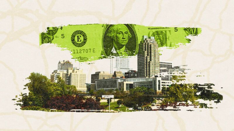 Raleigh, North Carolina skyline overlaid on a tan background with a graphic image of a dollar bill above it