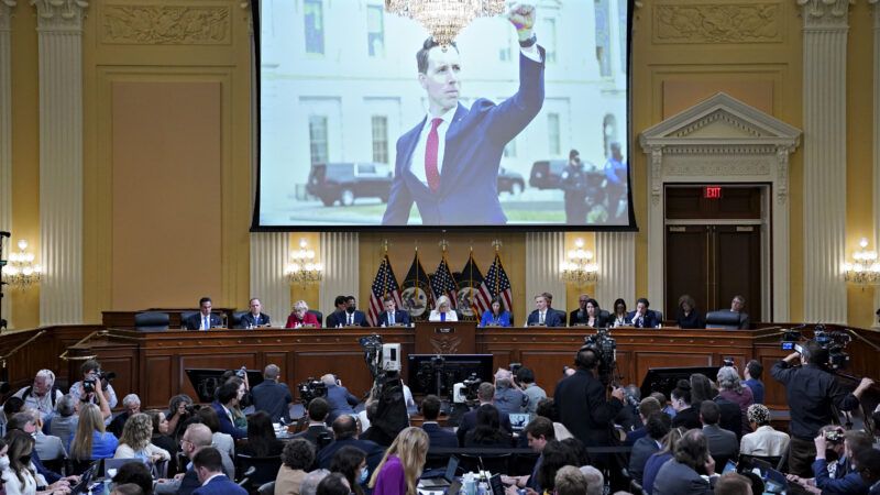 Josh Hawley during the Capitol Riot footage played at January 6 committee hearing | Al Drago - via CNP/Polaris/Newscom