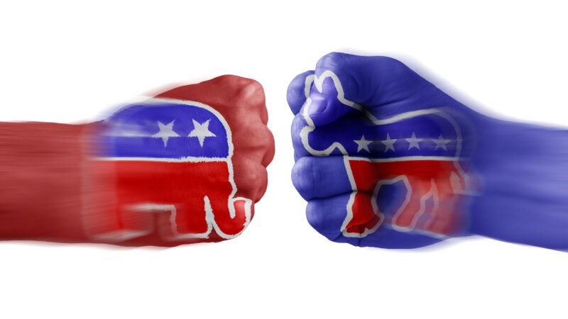 a red fist with an elephant and a blue fist with a donkey
