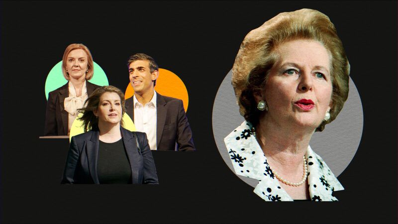 Candidates for Leader of the Conservative Party Liz Truss, Penny Mordaunt, and Rishi Sunak superimposed on top of green, yellow, and orange circles respectively. A picture of Margaret Thatcher is to their right, superimposed on a gray circle. | Illustration: Lex Villena, Tayfun Salci/ZUMA Press Wire, Victoria Jones/ZUMA Press/Newscom, Sportsphoto Ltd./Allstar/Newscom