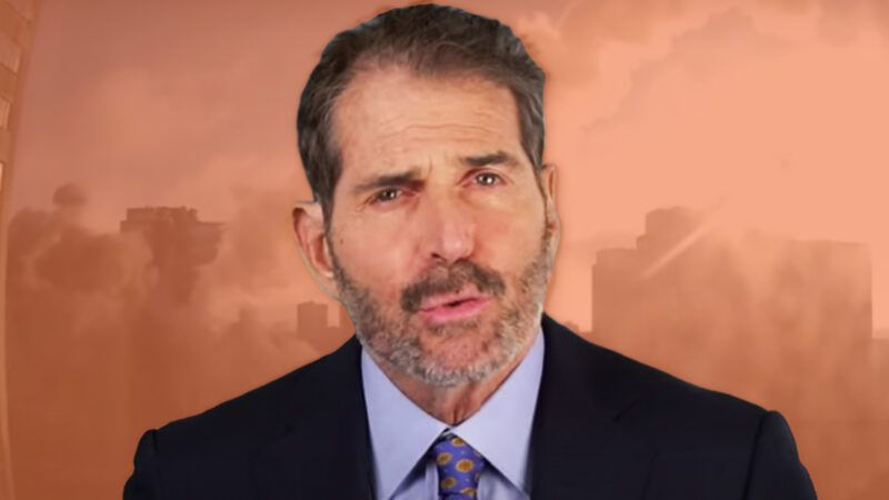 Photo of John Stossel overlaid on orange tinted skyline photo | Stossel TV