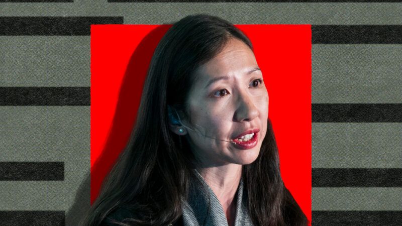 Photo of Leana Wen overlaid on red and black and gray striped backgrounds