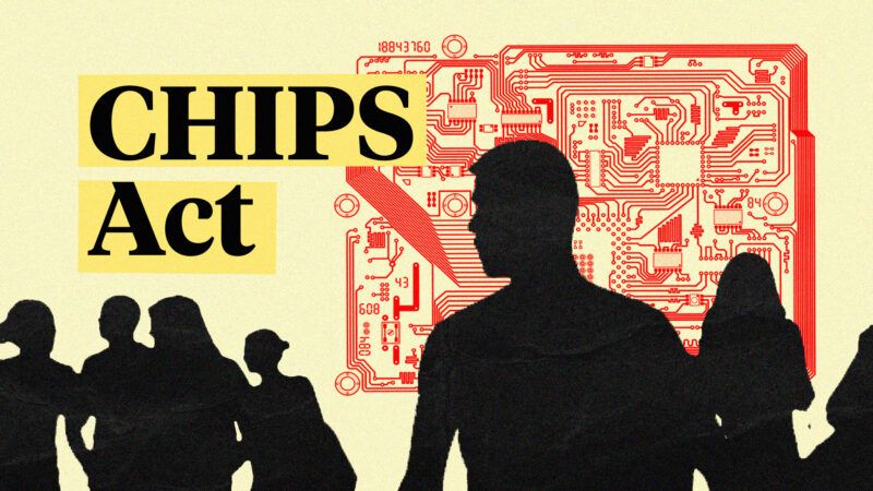 Silhouettes against a semiconductor chip and the words 'CHIPS Act'