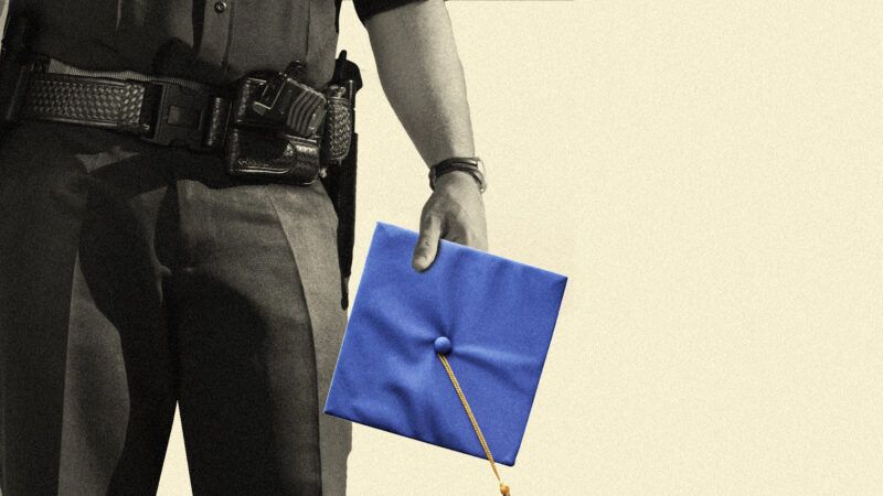 A law enforcement agent holds a graduation cap