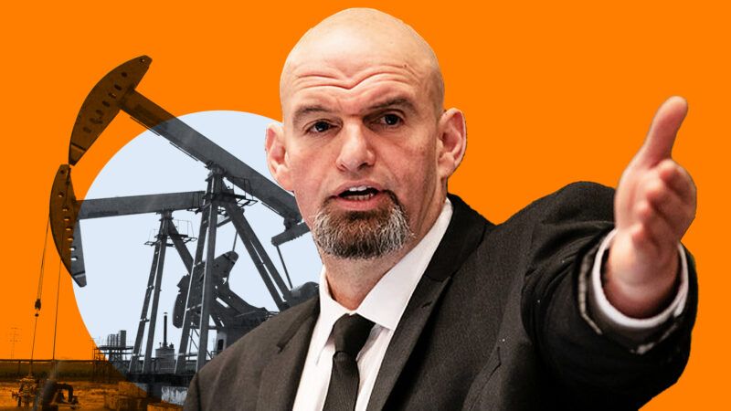 Penn. Lt. Gov. and Senate candidate John Fetterman in front of oil rigs. | Illustration: Lex Villena; The Office of Governor Tom Wolf, Xiaomin Wang 