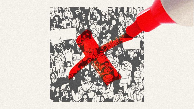 A red marker draws an X over a group of protesters