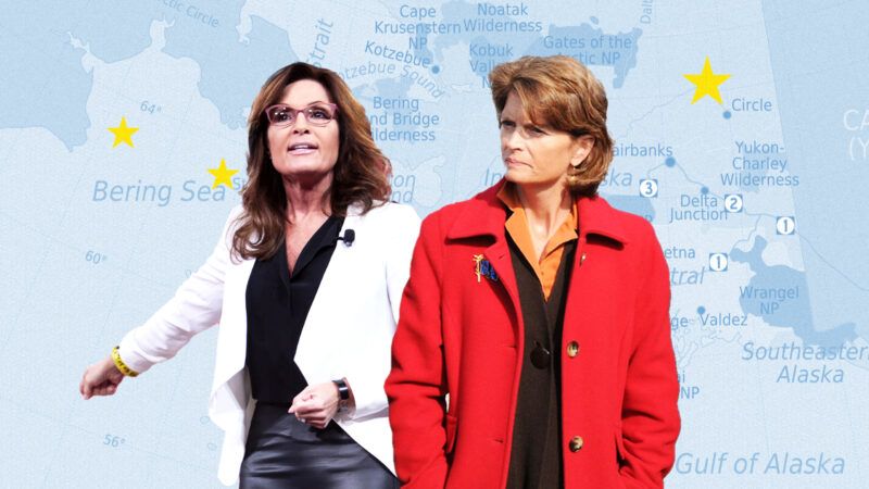 Sarah Palin and Sen. Lisa Murkowski in front of a naval map of Alaska | Illustration: Lex Villena; U.S. Navy, Gage Skidmore