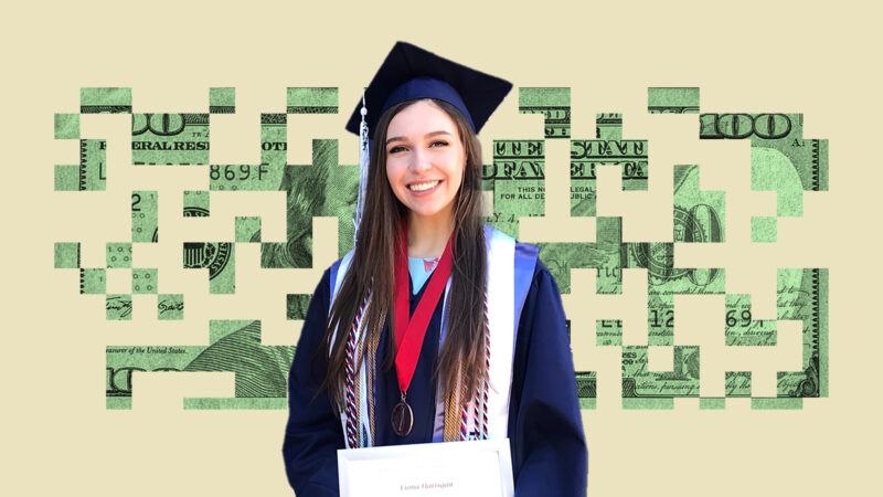 Fiona Harrigan standing in graduation cap and gown with dollar bill in the background | Illustration: Lex Villena; Fiona Harrigan