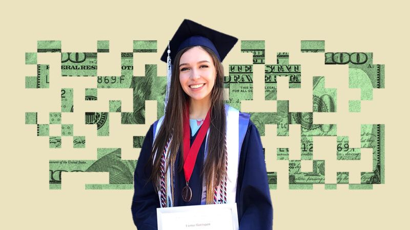 Fiona Harrigan standing in graduation cap and gown with dollar bill in the background