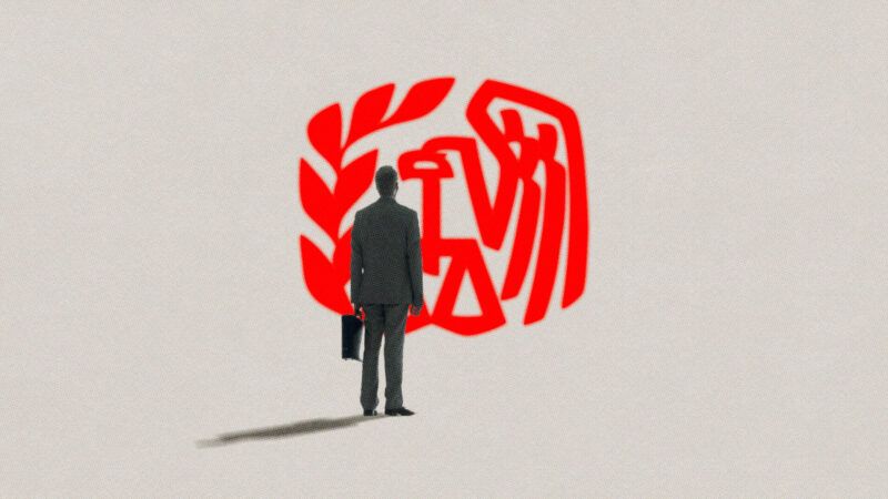 Man in suit stands in front of red logo on a tan background | Illustration: Lex Villena; Raw Pixel Images