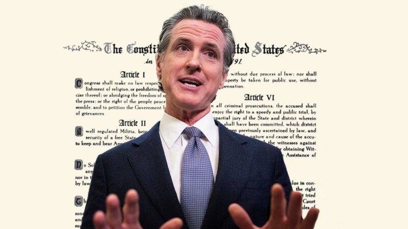 Gov. Gavin Newsom with the Bill of Rights in the background | Lex Villena; Tom Williams/CQ Roll Call/Newscom