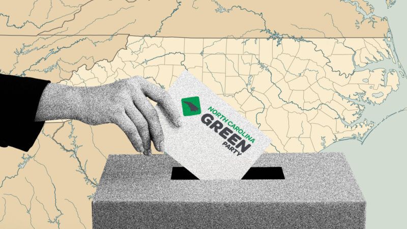 A ballot with the North Carolina Green Party going into a ballot box. Behind the ballot box is a map of North Carolina