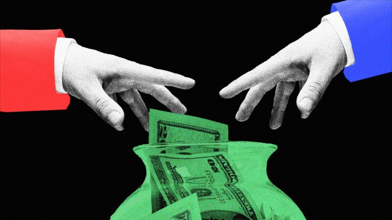 Republican and Democrat colored arms reach for a pile of money on a black background