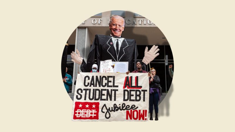 Demonstrators hold signs in favor of canceling student debt | Lex Villena; Allison Bailey/ZUMAPRESS/Newscom