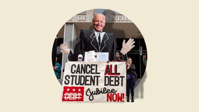 Demonstrators hold signs in favor of canceling student debt