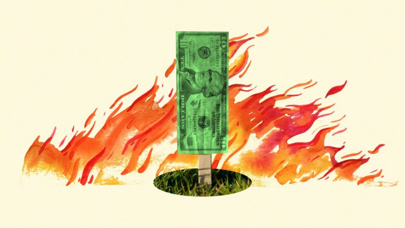 Green dollars set on fire | Illustration: Lex Villena; Robin Francom