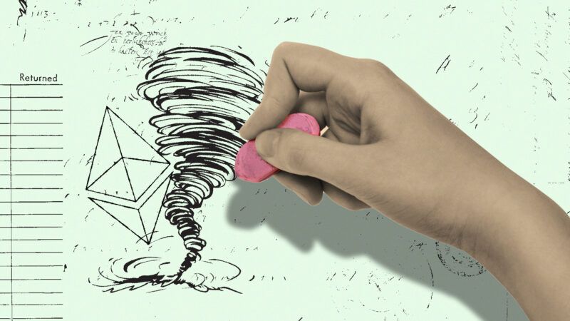 Hand uses eraser to get rid of tornado cash | Illustration: Lex Villena; Vvoevale, Maryna  Kriuchenko