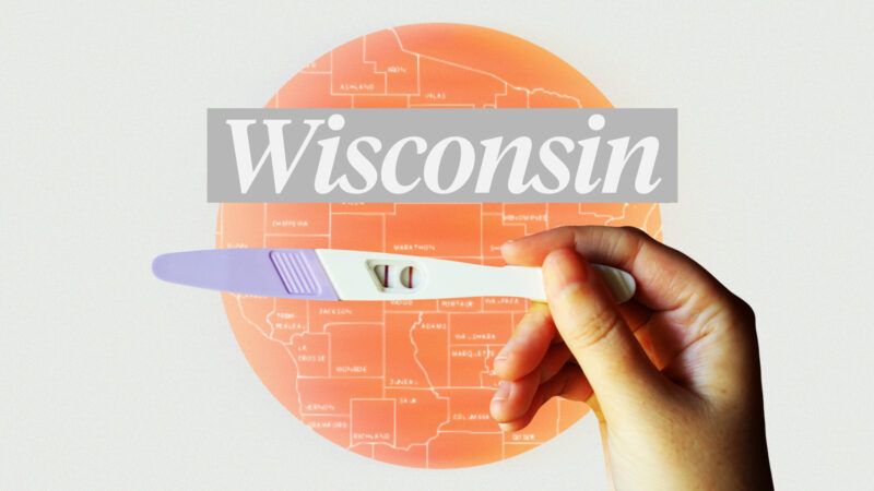 A positive pregnancy test over an image of Wisconsin