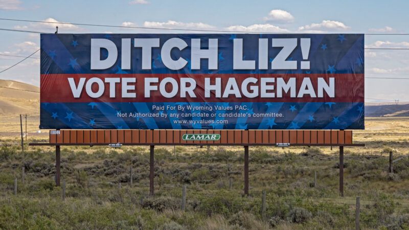 A billboard encourages Wyoming voters to vote against Liz Cheney