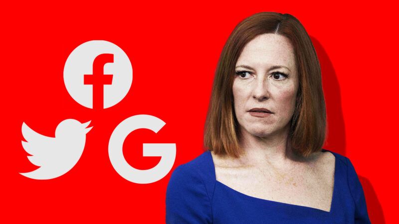 a picture of Jen Psaki against a red background with white icons for media companies next to her