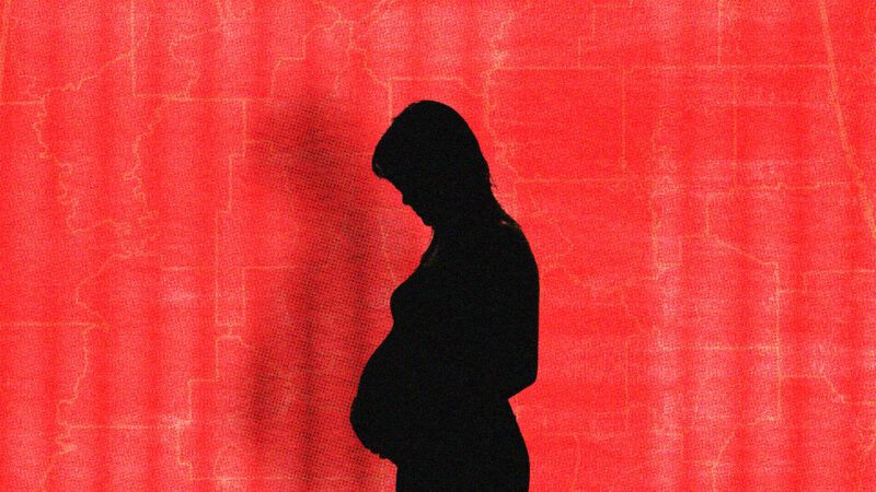 Silhouette of a pregnant woman against a red background | Illustration: Lex Villena; Jason Stitt