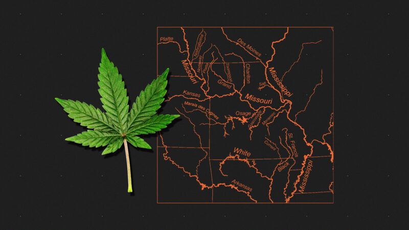 A marijuana leaf and the state of Missouri. | Illustration: Lex Villena; USGS