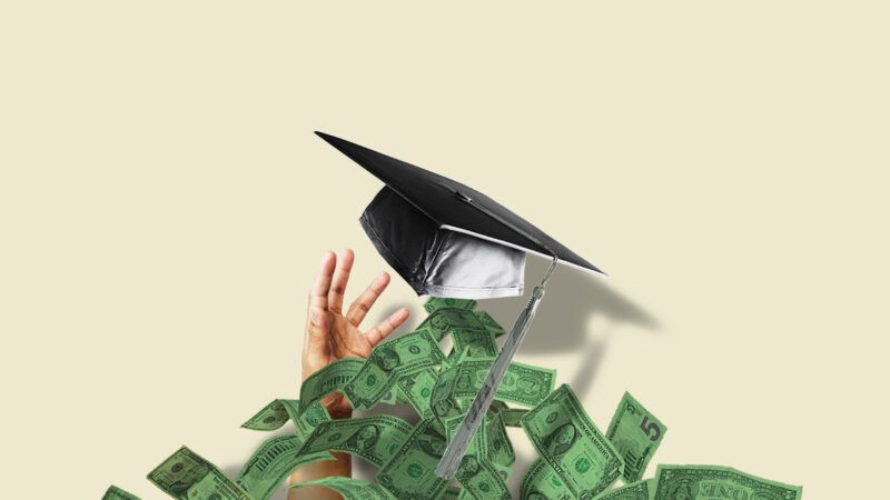 Illustration of a graduation cap over a pile of money