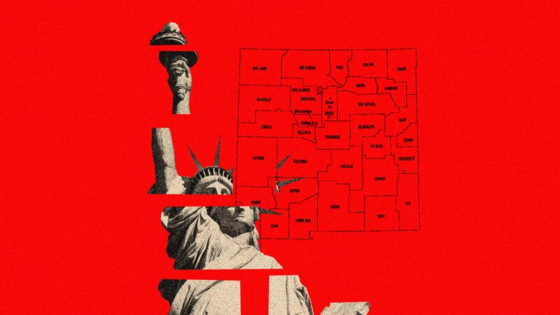 a fractured statue of liberty overlaid on a red background with a sketch of New Mexico