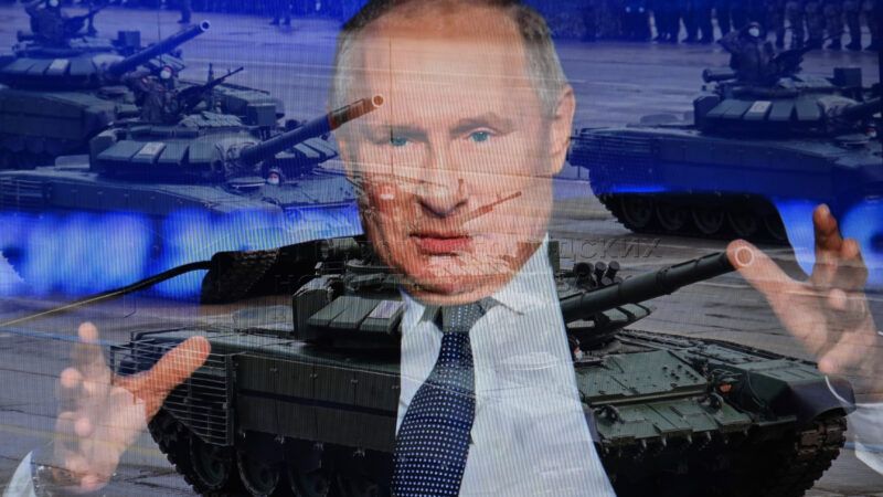 Putin overlaid on a photo of tanks