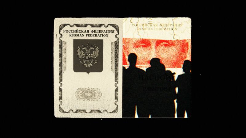 Russian immigrants stand against a Russian passport and an image of Russian President Vladimir Putin | Illustration: Lex Villena; Llpds