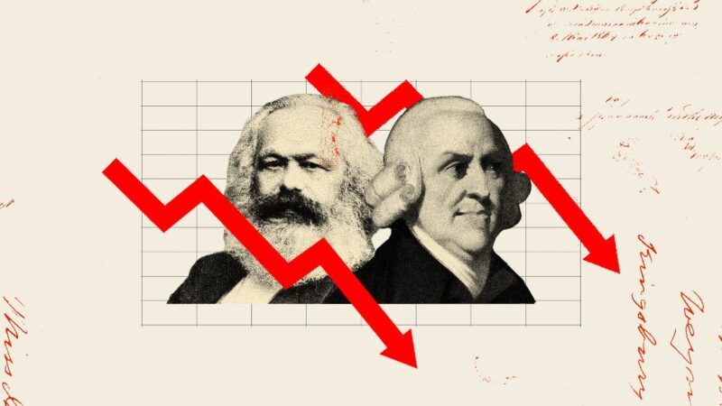Depictions of Marx and Smith along a tan background with writing, downward red arrows bracketing them