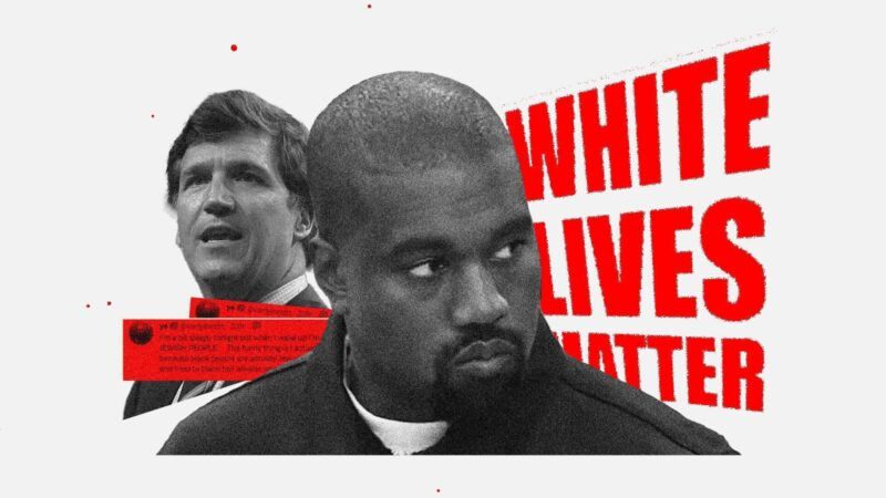 Kanye West and Tucker Carlson behind a "White Lives Matter" banner | Illustration: Lex Villena; Cosmopolitan UK, Gage Skidmore