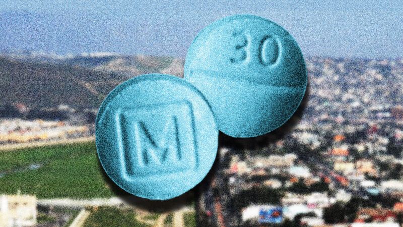 Blue fentanyl pills over an image of the U.S.-Mexico border | Illustration: Lex Villena; Sgt. 1st Class Gordon Hyde, DEA