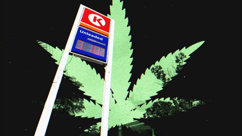 A Circle K convenience store alongside a marijuana leaf. | Illustration: Lex Villena; Chris Urso/Tampa Bay Times via ZUMA Press Wire