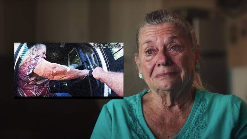 Norma Thornton is seen during her arrest (left) and as she cries during an interview (right)