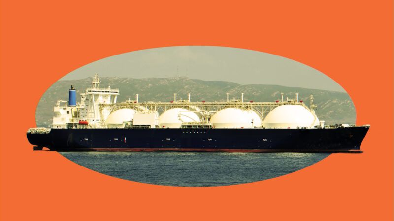 A tanker ship carrying liquid natural gas overlaid on an orange background | Illustration: Lex Villena; Oleksandr Kalinichenko | Dreamstime.com