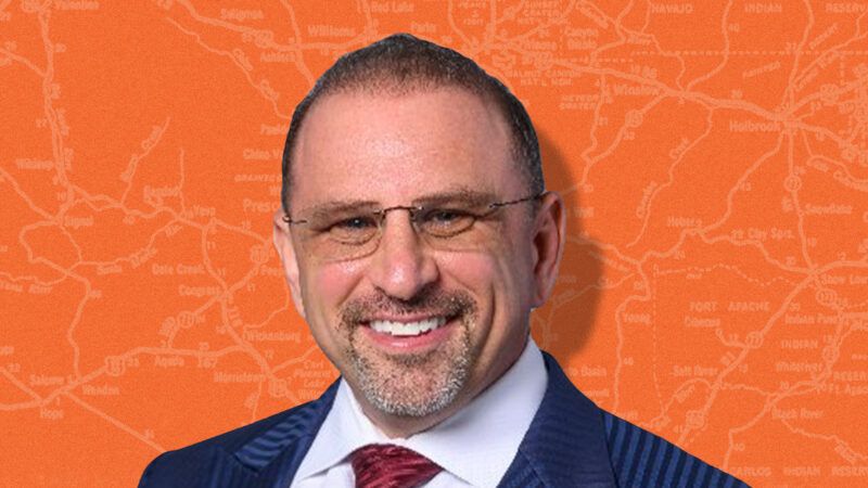 Portrait of Marc Victor, wearing glasses, in front of an orange map of Arizona. | Illustration: Lex Villena; clamshack | Photo: Twitter @Victor4Senate