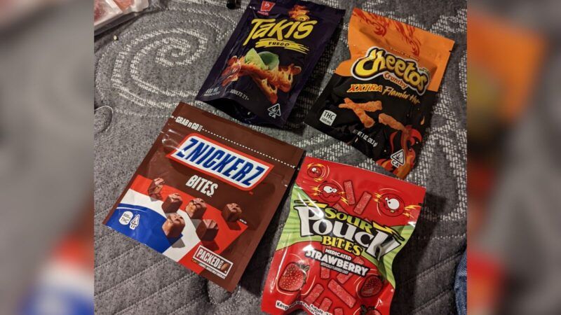 A series of snacks thought to be marijuana edibles laid out on a gray background