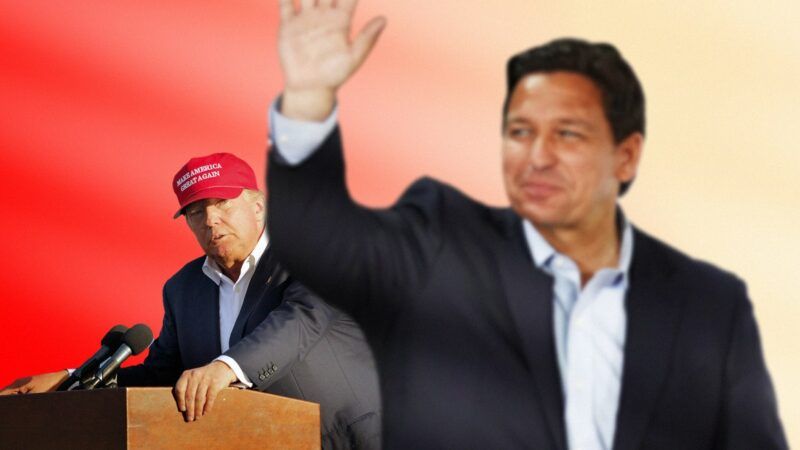 Trump and DeSantis overlaid on a red and orange background