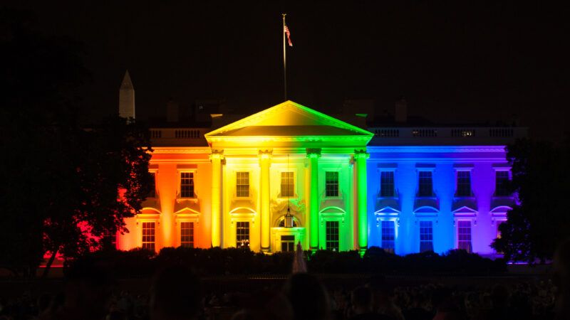 The White House is lit up in rainbow colors to support gay marriage.