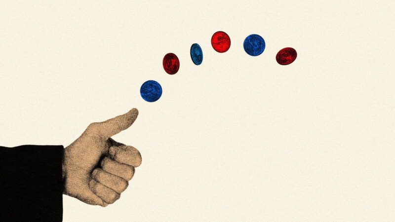 A man's hand tosses blue and red gambling coins