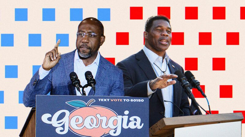 Georgia Senate candidates Raphael Warnock and Herschel Walker overlaid on tan background with blue and red boxes | Illustration: Lex Villena; John Arthur Brown, ZUMAPRESS, Newscom, Robin Rayne