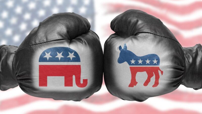 Democrat and Republican mascots on boxing gloves
