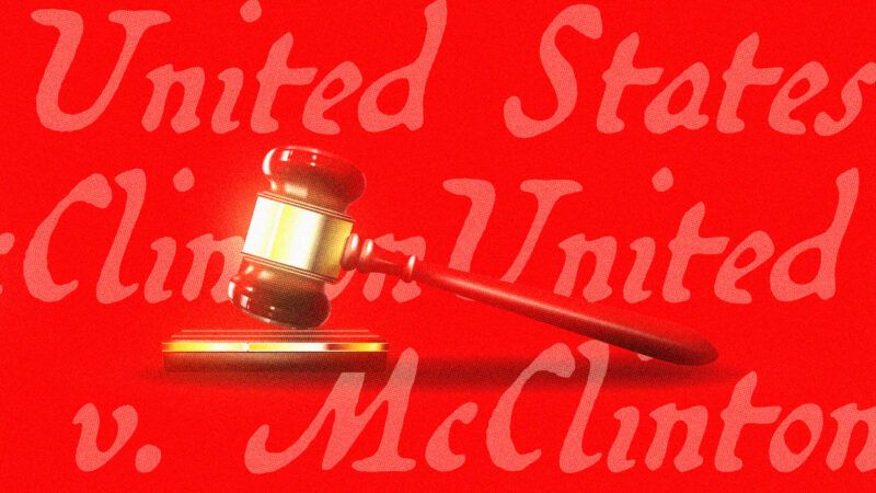 A judge's gavel is seen in front of a red backdrop with McClinton v. United States | Illustration: Lex Villena; Ghen