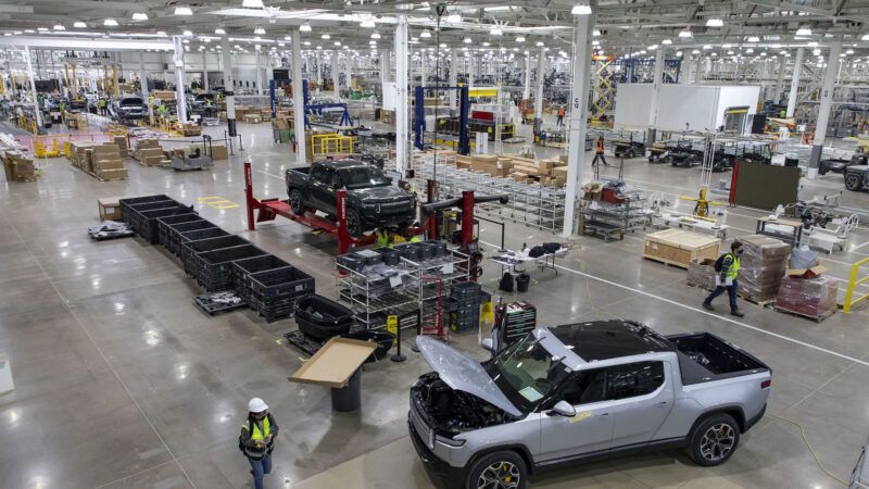 An overhead view of the assembly line at the Rivian auto plant in Normal, Illinois.