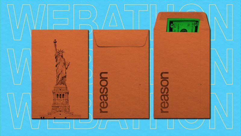 a few orange envelopes with the statue of liberty on one and Reason Magazine's logo on others on a blue background that has the word WEBATHON copied across it three times