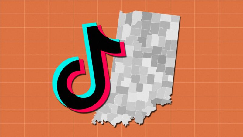 The TikTok logo and the state of Indiana against an orange background. | Illustration: Lex Villena