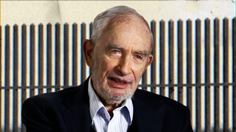 Biologist and author of The Population Bomb Paul Ehrlich in front of the U.S.-Mexico border wall | Illustration: Lex Villena; CBS News, Reginald Mathalone/ZUMAPRESS/Newscom