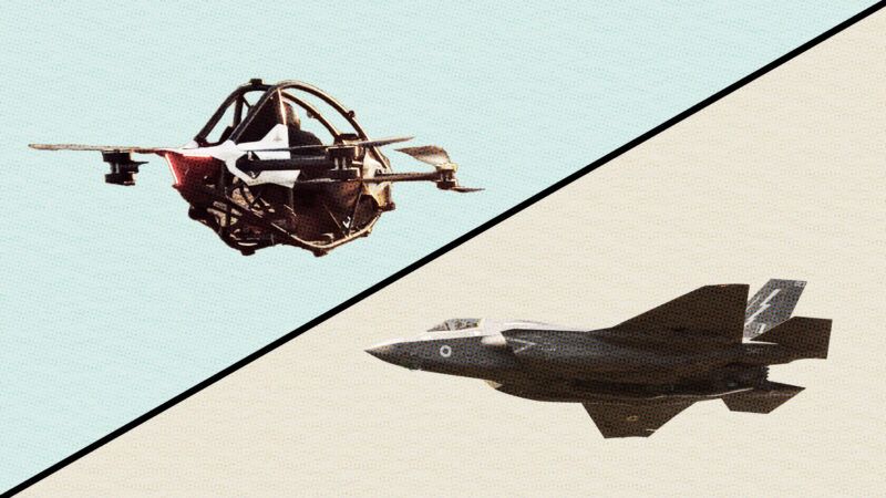 A bisected image showing the Jetson One civilian aircraft and the F-35B fighter jet.