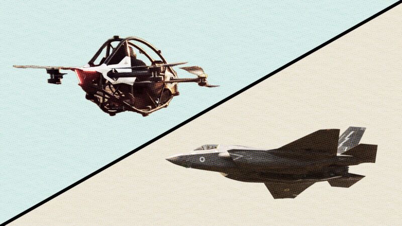 A bisected image showing the Jetson One civilian aircraft and the F-35B fighter jet. | Illustration: Lex Villena; ZUMAPRESS/Newscom;  Oliver Butler | Dreamstime.com